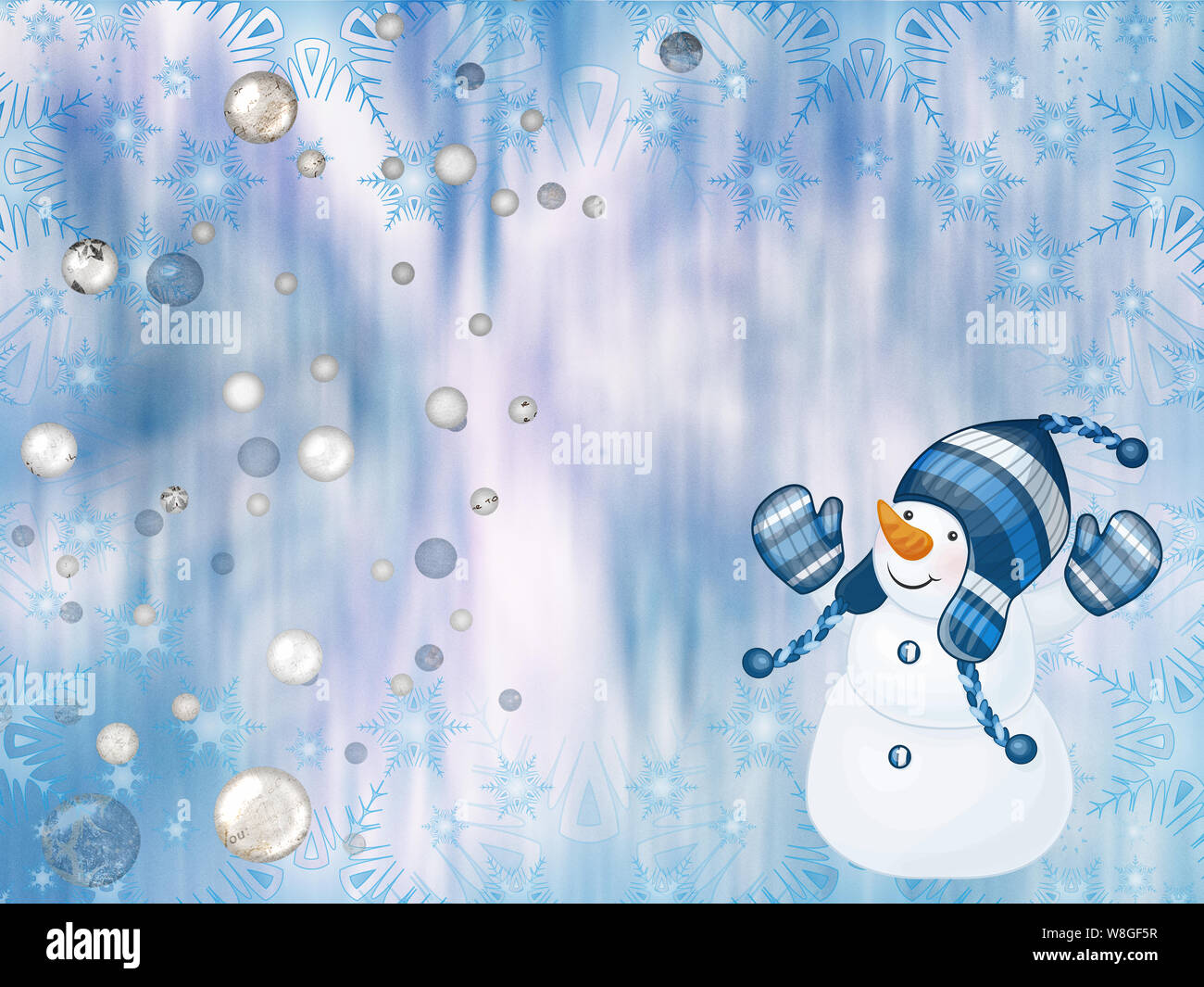 Schöne Weihnachtskarte im traditionellen Stil mit ein Bild von einem Schneemann. Stockfoto