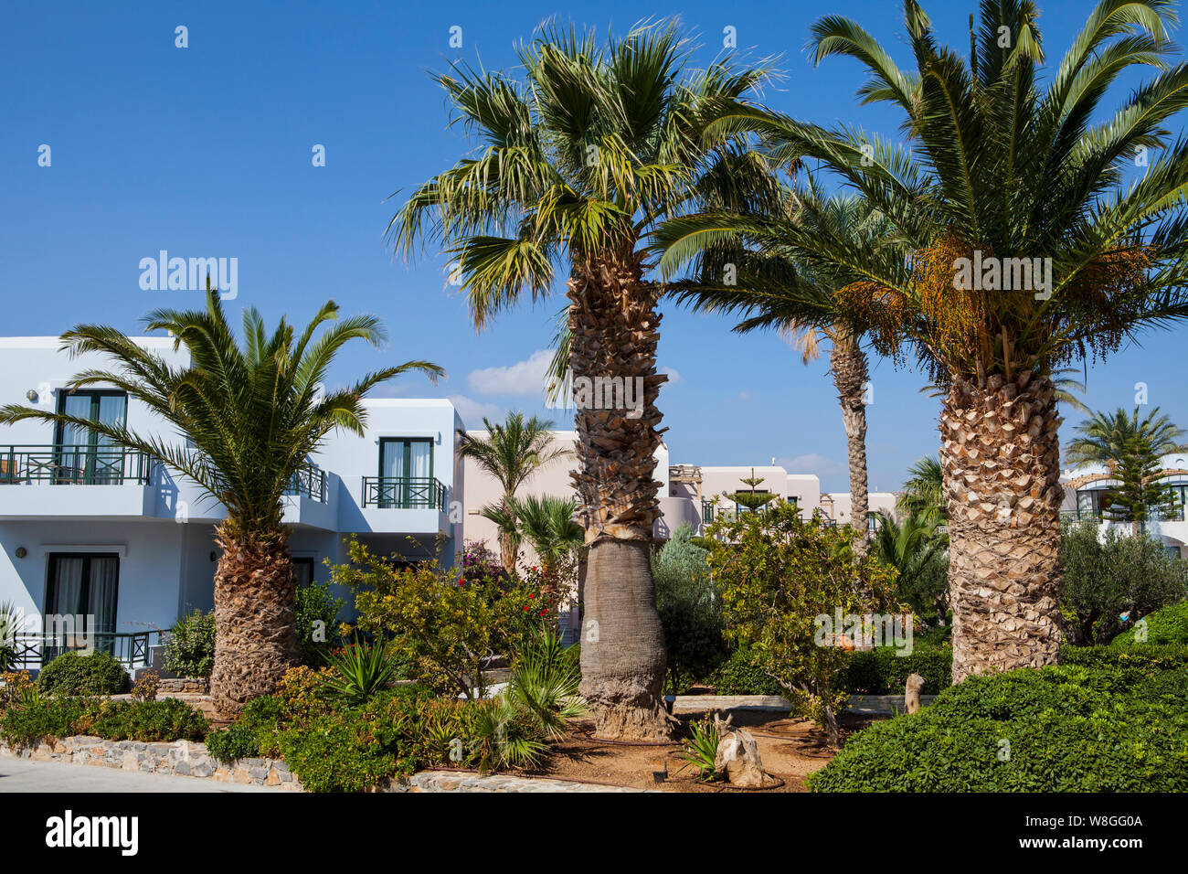 Ierapetra, Creete, Greece-October 17,2018: Ostria Beach Resort & Spa ist Luxus All Inclusive Hotel direkt am Strand an der Südküste von Kreta in der Nähe der Abschlepp-Trennvorrichtung Stockfoto