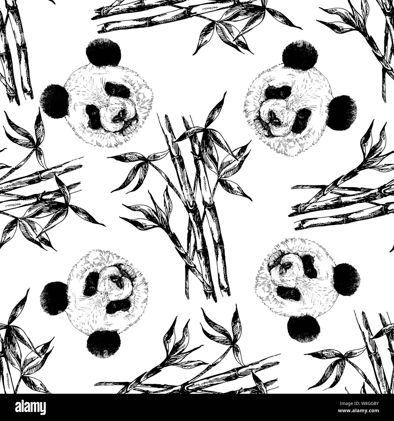 Nahtlose Muster von Hand gezeichnete Skizze stil Pandas und Bambus Stängel und Blätter auf weißem Hintergrund. Vector Illustration. Stock Vektor