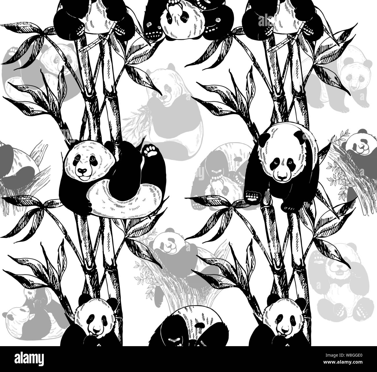 Nahtlose Muster von Hand gezeichnete Skizze stil Pandas und Bambus Stängel und Blätter auf weißem Hintergrund. Vector Illustration. Stock Vektor