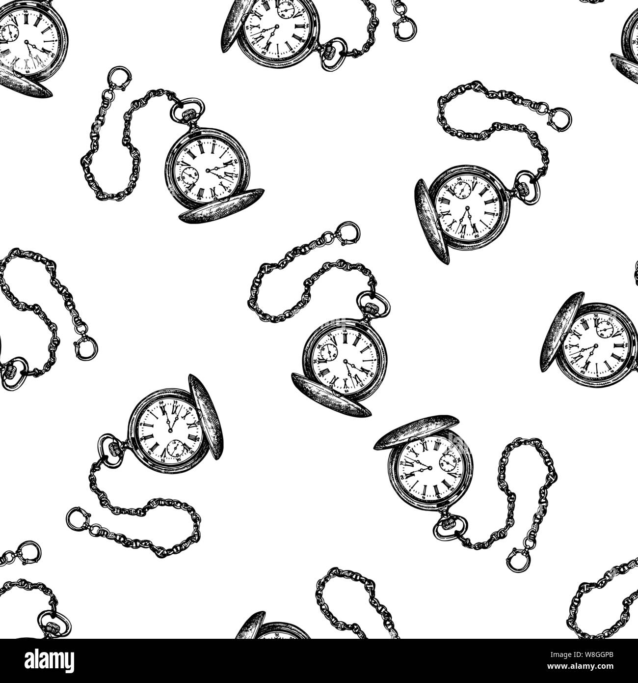 Nahtlose Muster von Hand gezeichnete Skizze stil Taschenuhren auf weißem Hintergrund. Vector Illustration. Stock Vektor