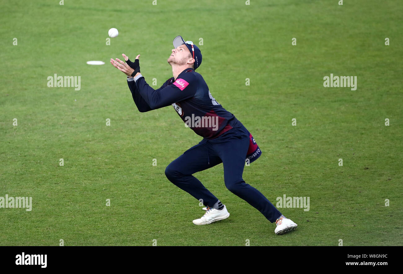 Northamptonshire Steelbacks Graeme White Fang, Leicestershire Füchse Arron Lilley während der T 20 Vitalität Blast Match an der Fischer Grafschaft Boden, Leicester. Stockfoto