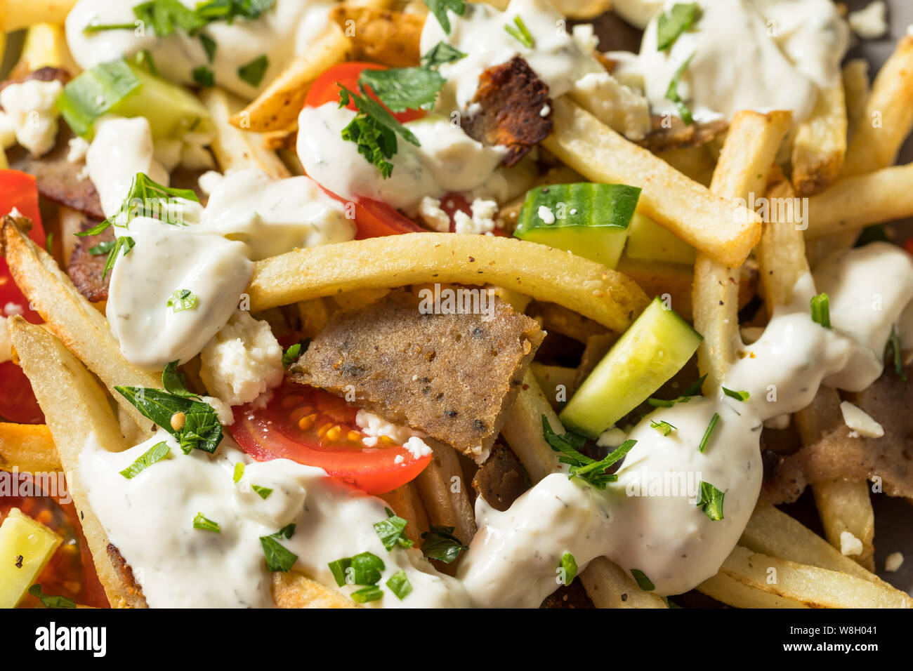 Fleisch hausgemachte griechische Gyros mit Tzatziki, Pommes Frites Sauce Stockfoto