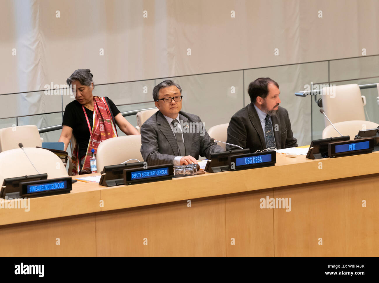 New York, NY - August 9, 2019: Liu Zhenmin Untergeneralsekretär für wirtschaftliche und soziale Angelegenheiten Adressen Gedenken an den Internationalen Tag der indigenen Völker am UN-Hauptquartier Stockfoto
