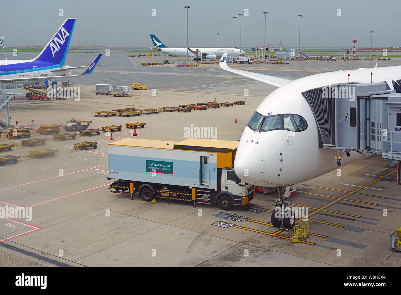 HONG KONG 30.JUNI 2019 - Ansicht eines Airbus A350 Flugzeug von finnischen Fluggesellschaft Finnair (AY) an der belebten Hong Kong International Airport (HKG), i Stockfoto