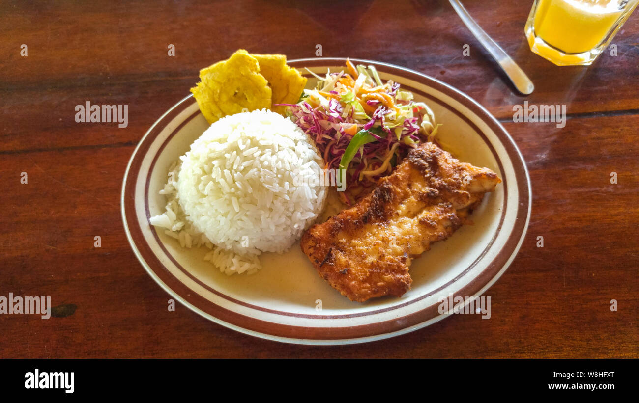 Reis mit gebratenen Fisch und Salat, hausgemachte Speisen aus Ecuador - Montanita Stockfoto