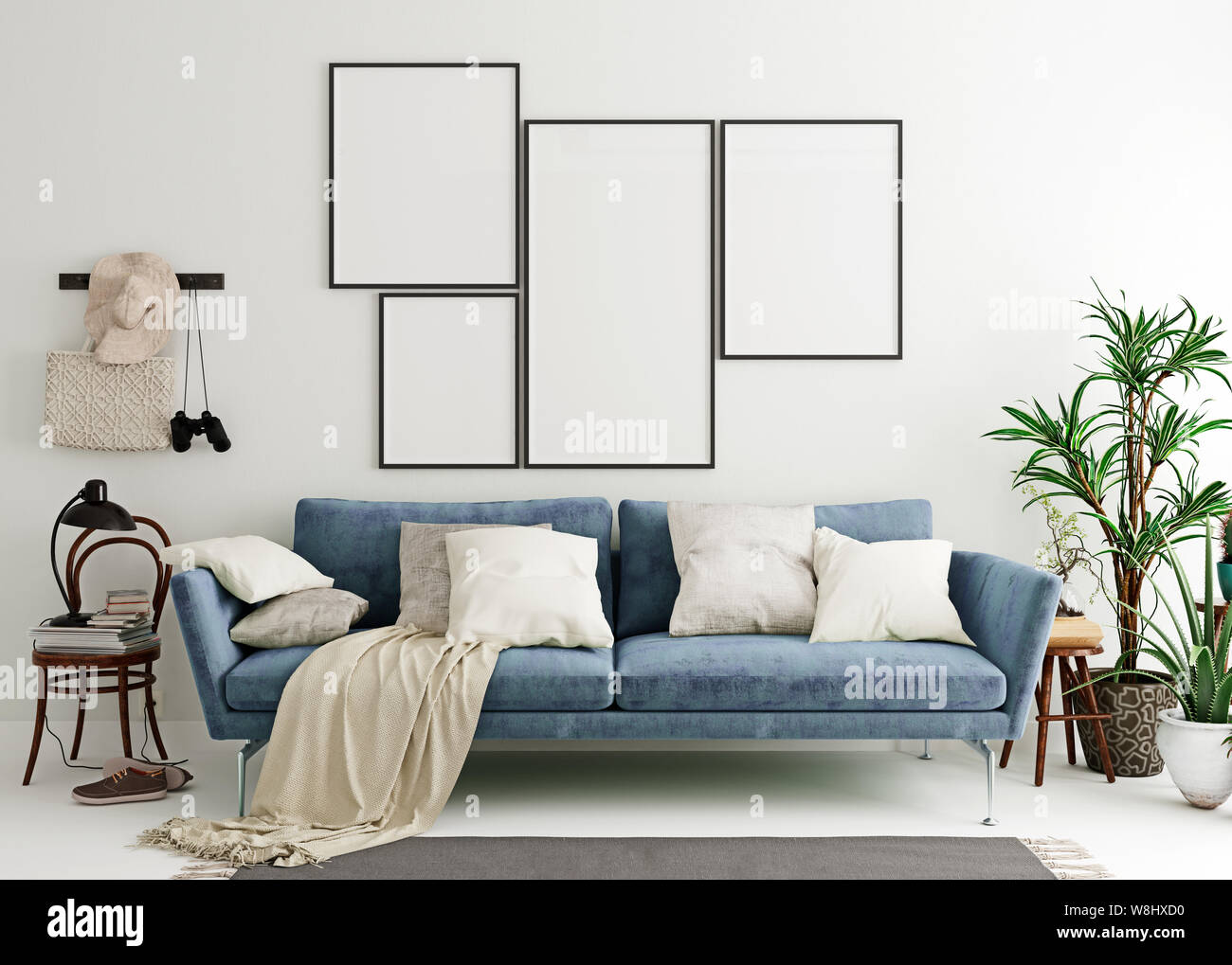 Mock Up Poster Rahmen In Stahl Blau Modernes Interieur Hintergrund Wohnzimmer Skandinavischen Stil 3d Rendering 3d Darstellung Stockfotografie Alamy