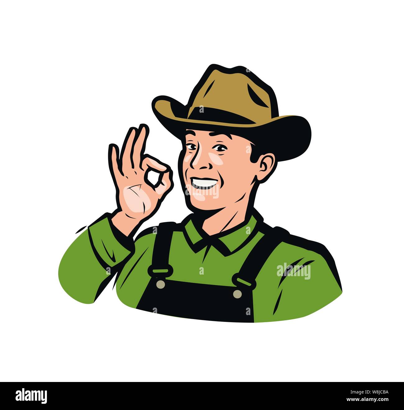 Lustige Landwirt in den Hut. Bauernhof Produkt Logo. Vector Illustration Stock Vektor