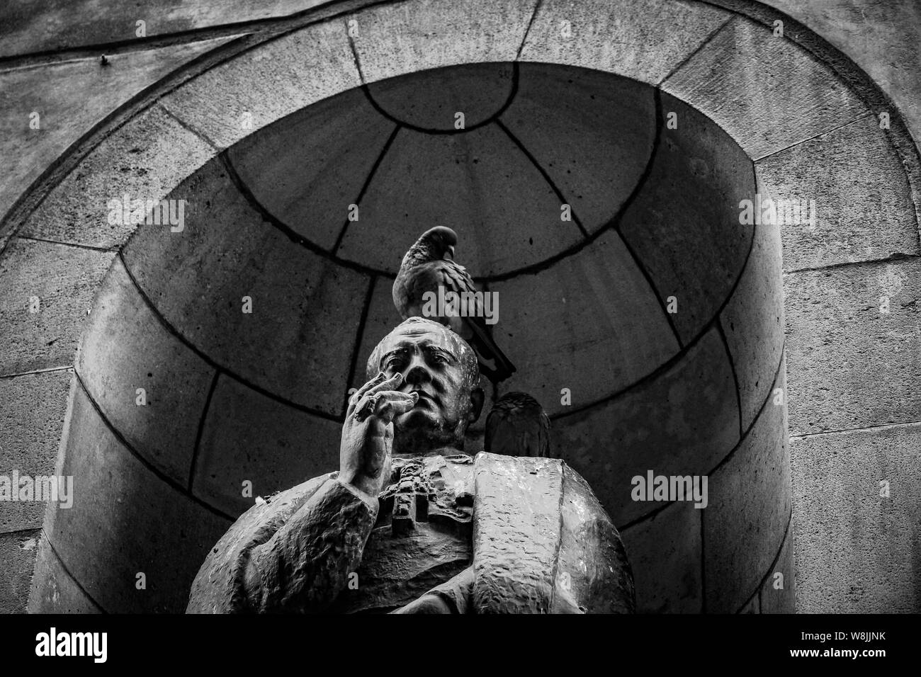 Taube sitzt auf einer männlichen Statue in schwarz Und weiß Stockfoto
