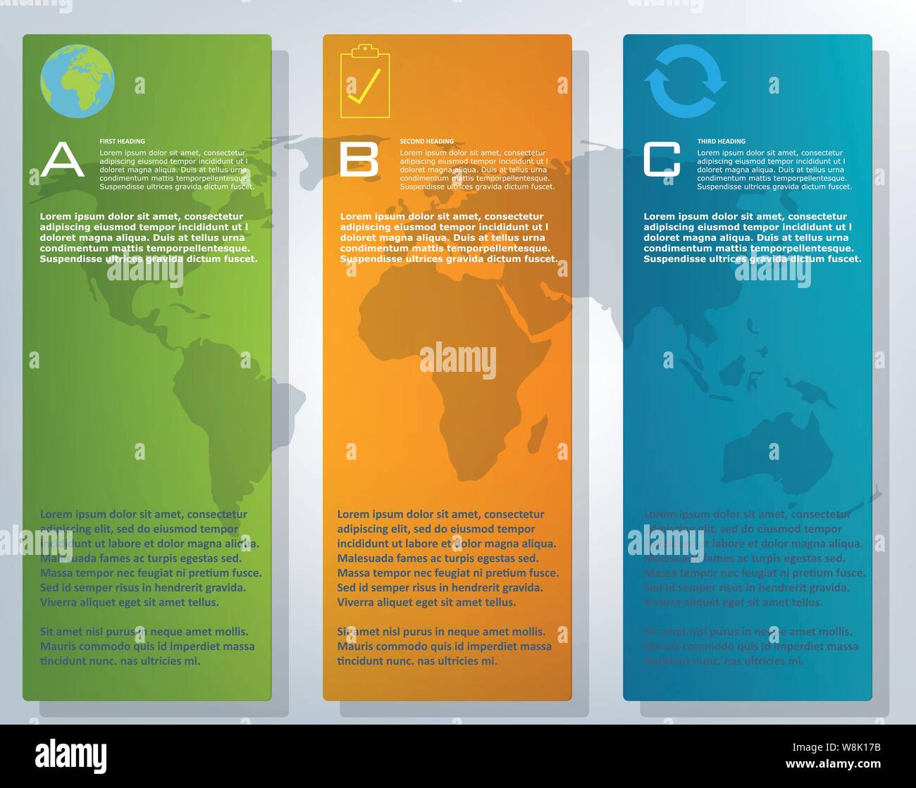 Infografik, bunte Vektor mit drei Kategorien und die Weltkarte im Hintergrund Stock Vektor