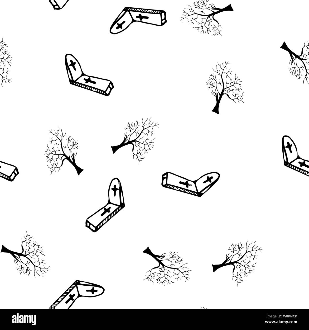 Halloween Bäume und Grabsteine nahtlose Gliederung Muster auf weißem Hintergrund. Halloween Bäume und Grabsteine nahtlose Gliederung Muster in einer han Stock Vektor