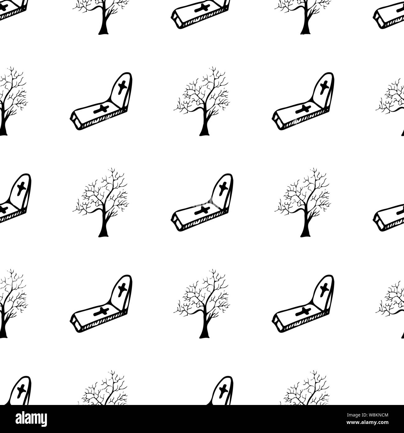 Halloween Bäume und Grabsteine nahtlose Gliederung Muster auf weißem Hintergrund. Halloween Bäume und Grabsteine nahtlose Gliederung Muster in einer han Stock Vektor