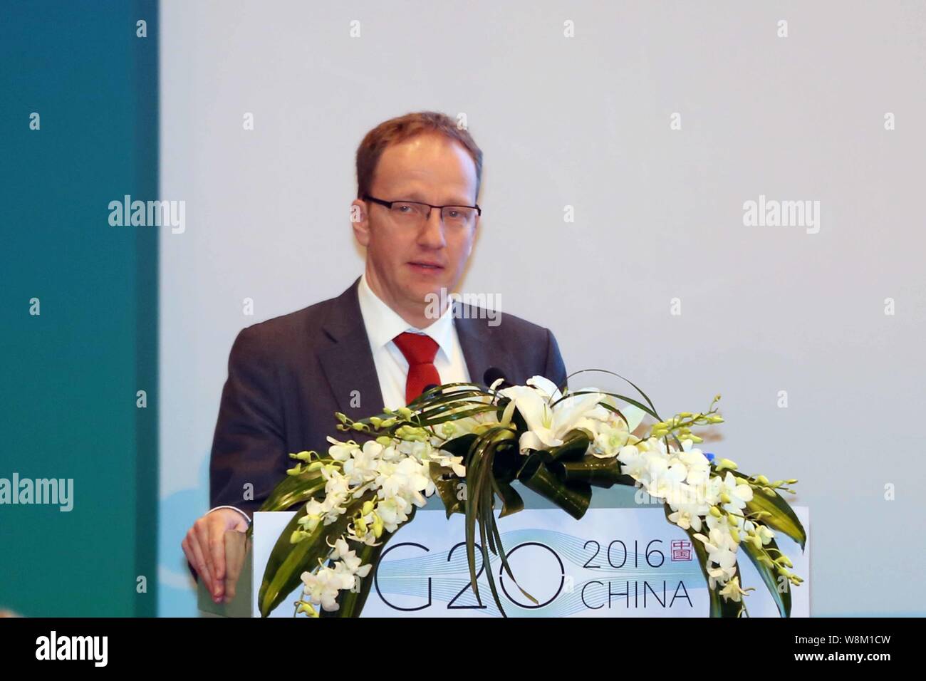 Guntram Wolff, Direktor von Bruegel, liefert eine Rede während einer Sitzung der 2016 G20-Finanzminister und -Zentralbankpräsidenten Treffen in der Pud Stockfoto