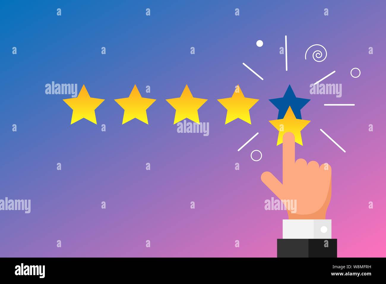 Online-Feedback Ruf beste Qualität Kundenbewertung Konzept flach Stil. Geschäftsmann Hand Finger zeigt fünf Gold-Sterne-Bewertung auf Gradienten Hintergrund. Vektorgrafik Stock Vektor