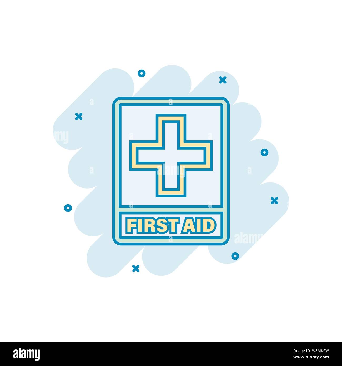 Erste Hilfe Schild Symbol im Comic-stil. Gesundheit, Hilfe und medizinische Vektor Cartoon Illustration auf weißem Hintergrund isoliert. Krankenhaus Geschäftskonzept splas Stock Vektor