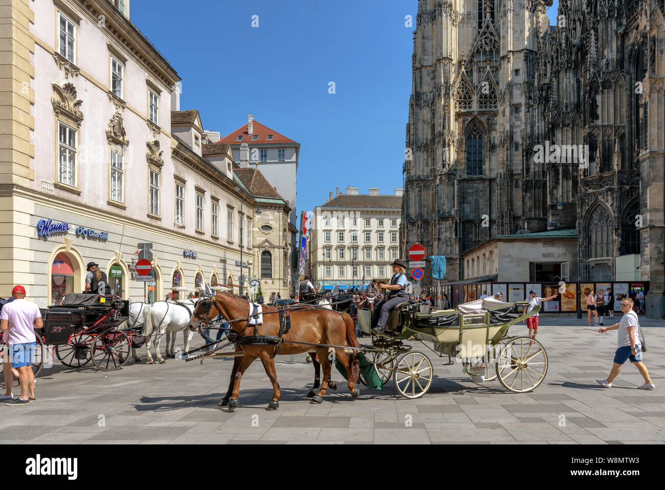 Pferde und Kutschen durch den Stephansdom im Zentrum von Wien, Österreich an einem sonnigen Sommertag Stockfoto