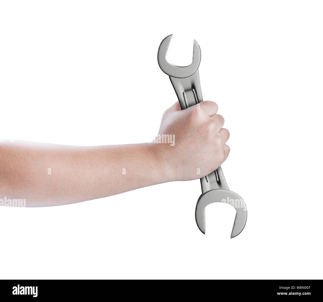 Mechaniker Hand halten Schlüssel isoliert auf weißem Stockfoto