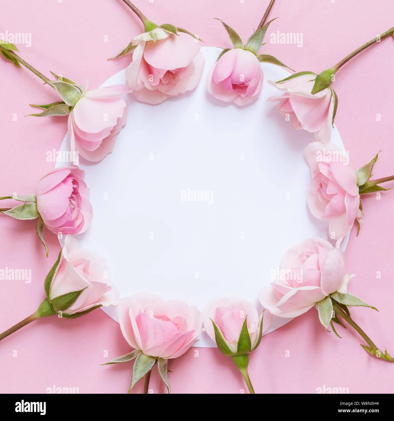 Rosen und ein leeres Papier Hinweis - Ansicht von oben Stockfoto