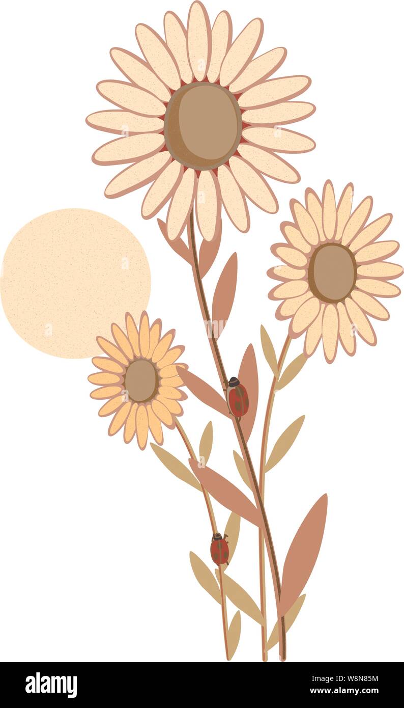 Dame Bugs, Sonnenblumen und Sonne an einem Sommertag Stock Vektor