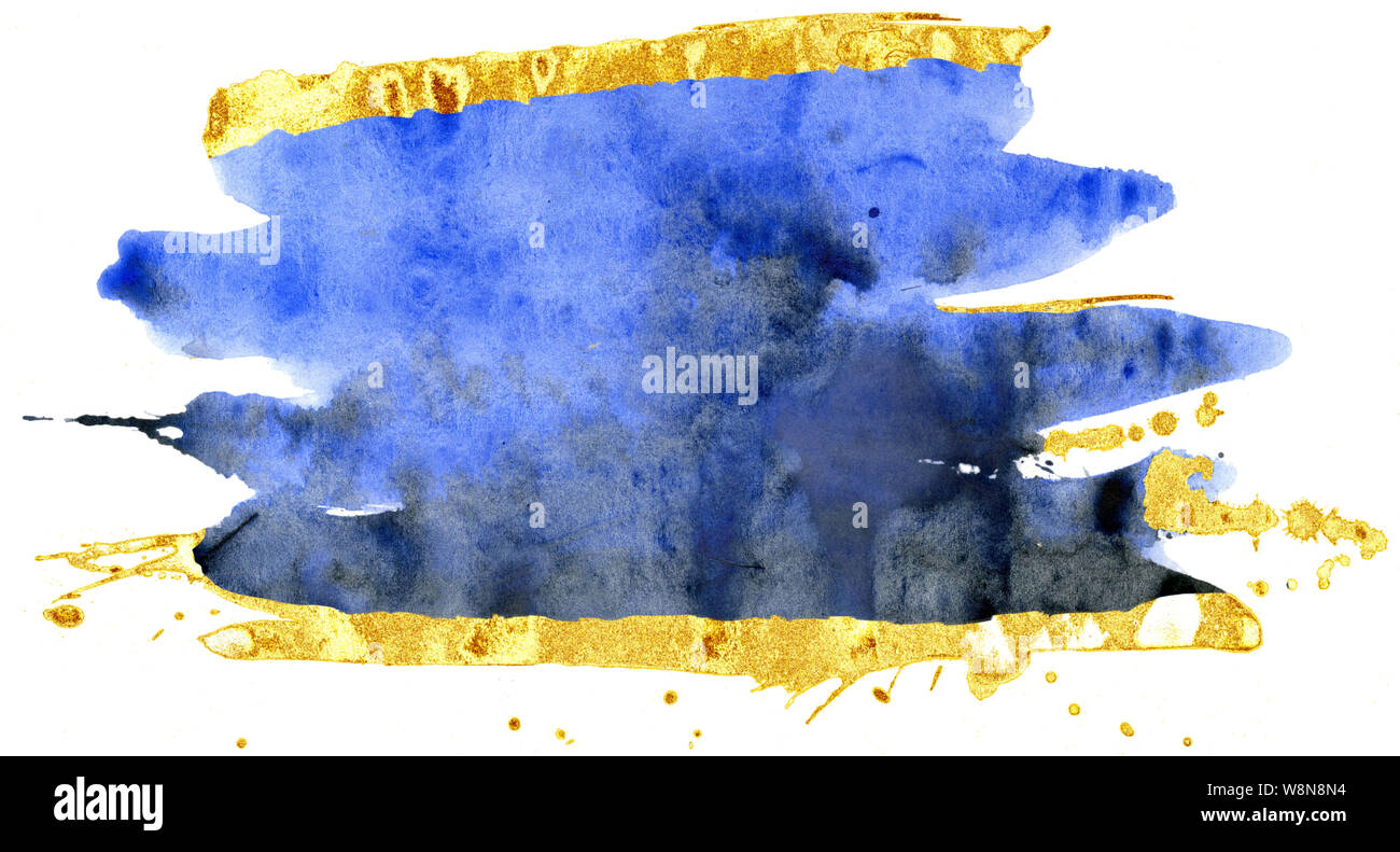 Farbige Aquarell Hintergrund. Blau und Gold Pinselstriche Stockfoto