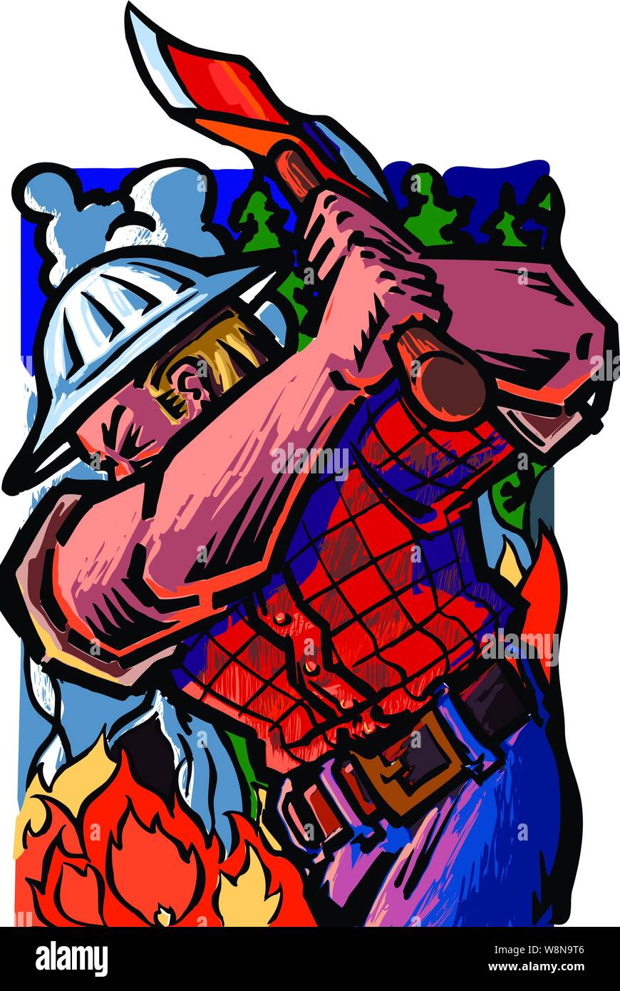 Ein Logger/Wald fighter Schwingen eine Axt. Hinter sind Flammen, Wolken, Nebel oder Rauch und Bäumen. Er trägt einen Schutzhelm auf dem Kopf Stock Vektor Ein Logger/Wald fighter Schwingen eine Axt. Hinter sind Flammen, Wolken, Nebel oder Rauch und Bäumen. Er trägt einen Schutzhelm auf dem Kopf Stock Vektor