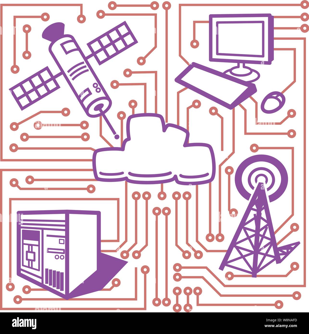 Cloud Storage von einem Satelliten umgeben, einem Computer, einem Server und einem Handy. Alle miteinander sind die Händler Routen von einem Stromkreis Stock Vektor