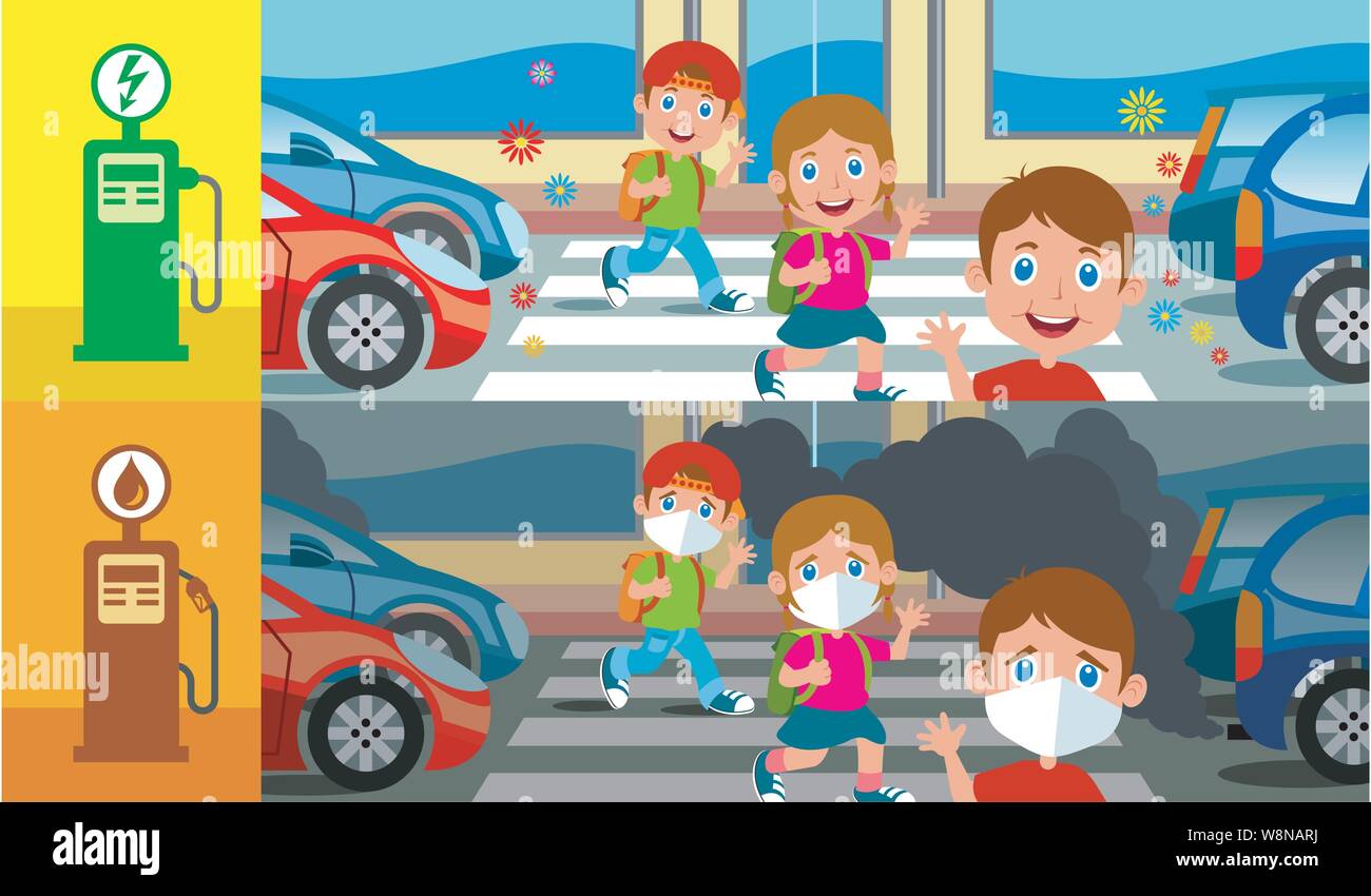Abbildung: Drei glückliche Kinder auf einer Straße von Elektroautos gereist, und drei traurigen Kinder auf einer Straße durch Emissionen von Fahrzeugen mit Ottomotor verschmutzt Stock Vektor