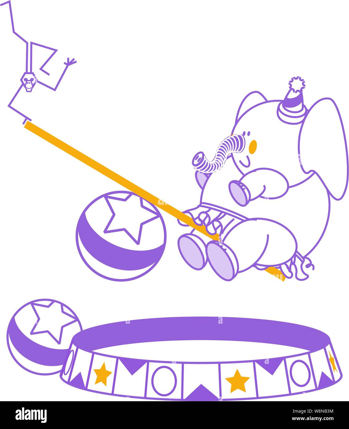 Elefanten und Affen auf einen provisorischen Schaukel Kleinkind und ein Ball und ein Circus ring Stock Vektor