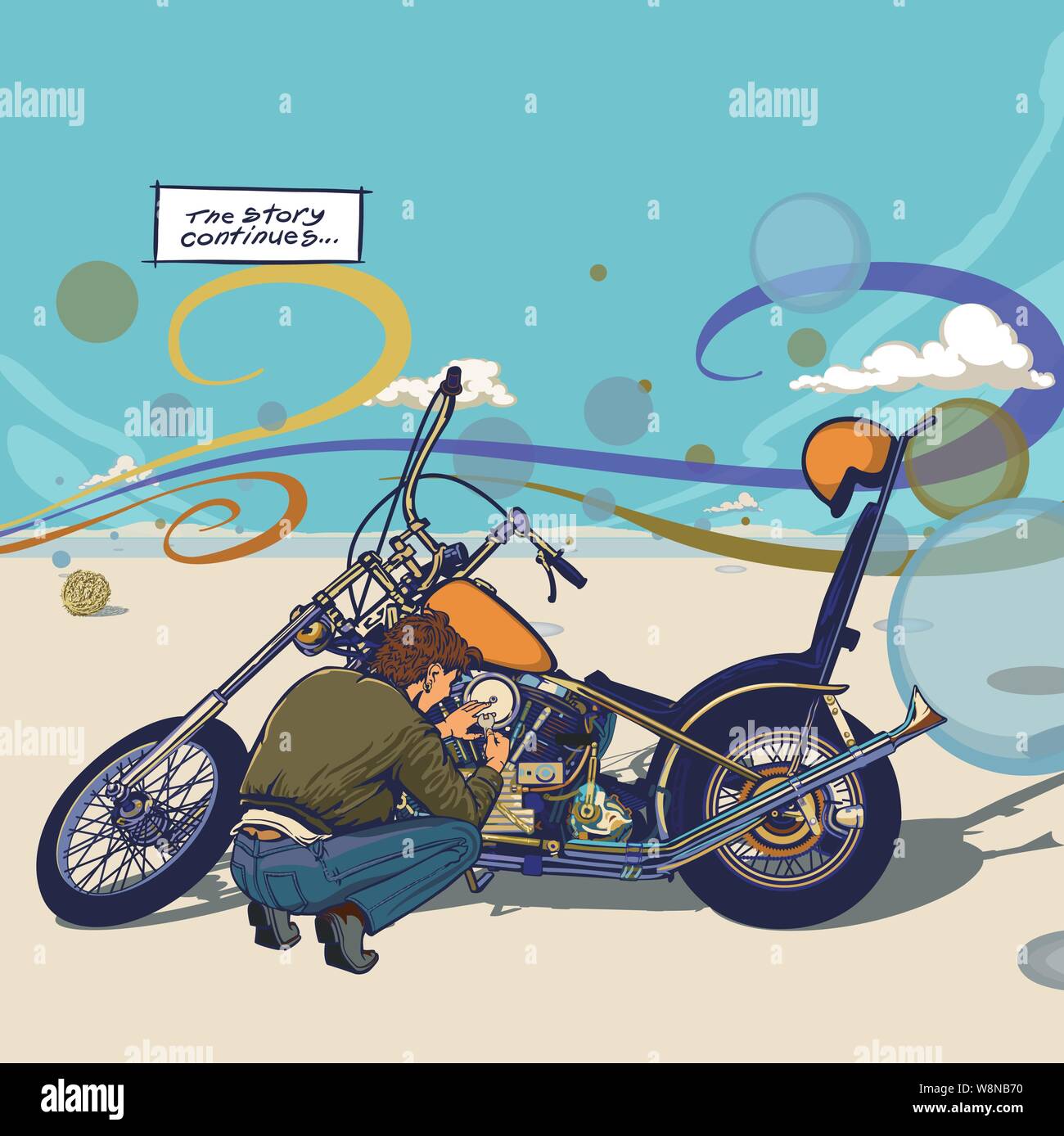 Ein Reiter hockte sich hin, die sein Motorrad Motor irgendwo in einer Wüste mit Wolken swurling curly Winde blasen & Tumble Weed zu reparieren. Stock Vektor