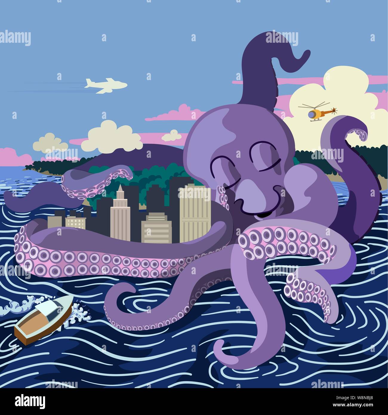 Ein riesiger Krake umarmen eine Stadt schafft turbulenten Gewässern als Verkehrsflugzeugen fliegt ein Helikopter an schaut und ein Boot gegen die Wellen der Kinnpartie. Stock Vektor