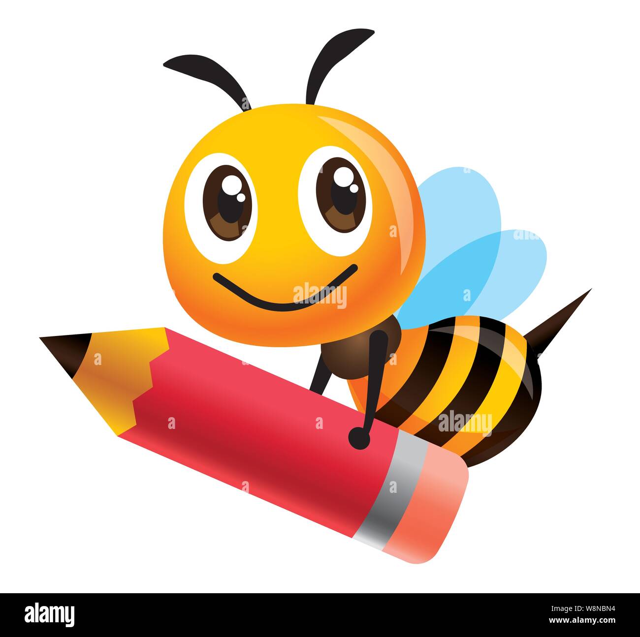 Cartoon niedliche Happy bee Maskottchen mit einem großen roten Bleistift-Vector Illustration isoliert Stock Vektor