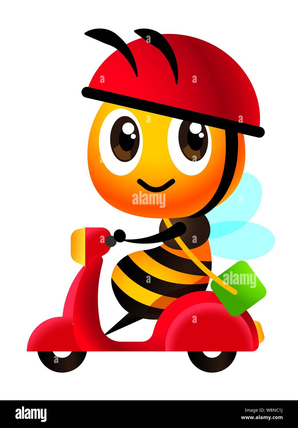 Cartoon süße Biene reitet ein Rot scooter für Lieferservice, trägt eine grüne Tasche. Süße Biene trägt einen Roten Helm. Vector Illustration isoliert Stock Vektor