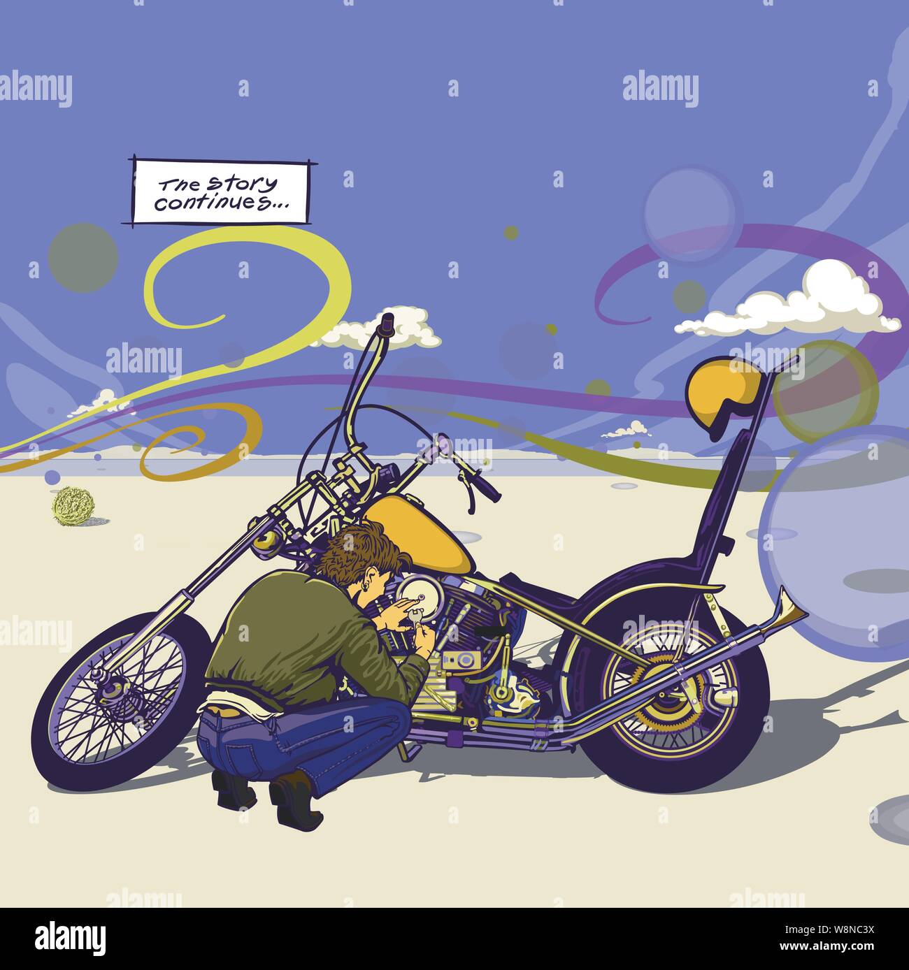 Ein Reiter hockte sich hin, die sein Motorrad Motor irgendwo in einer Wüste mit Wolken swurling curly Winde blasen & Tumble Weed zu reparieren. Stock Vektor