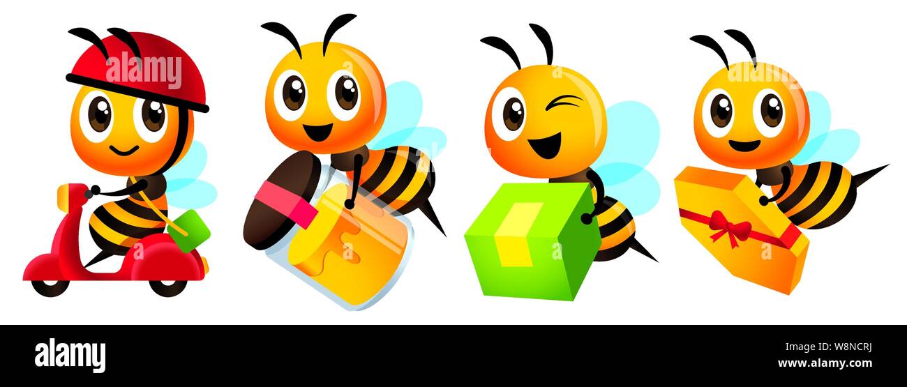 Cartoon süße Biene Maskottchen eingestellt. Cartoon süße Biene liefern Produkt fest. Süße biene Ride Roller, niedliche Biene tragen Bio Honig Flasche-Vector Charakter illus Stock Vektor