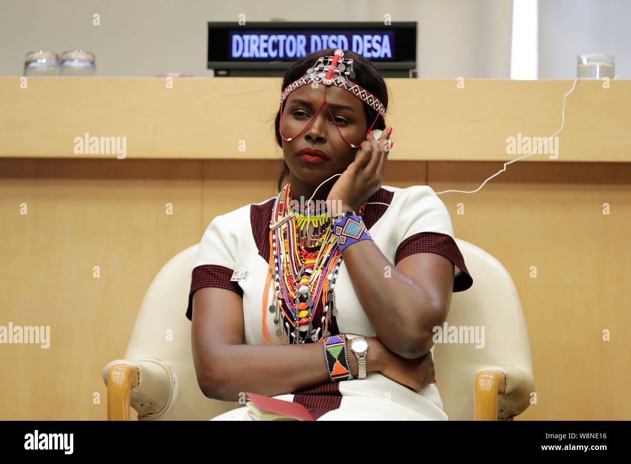 Vereinten Nationen, New York, USA, August 09, 2019 - Silvia Museiya während der Feierlichkeiten zum Internationalen Tag der indigenen Völker der Welt heute am Hauptsitz der Vereinten Nationen in New York. Er Schwerpunkt der diesjährigen Internationalen Tag der indigenen Völker sprachen im Hinblick auf 2019 zum Internationalen Jahr der indigenen Sprachen gekennzeichnet werden. Foto: Luiz Rampelotto/EuropaNewswire PHOTO CREDIT OBLIGATORISCH. | Verwendung weltweit Stockfoto