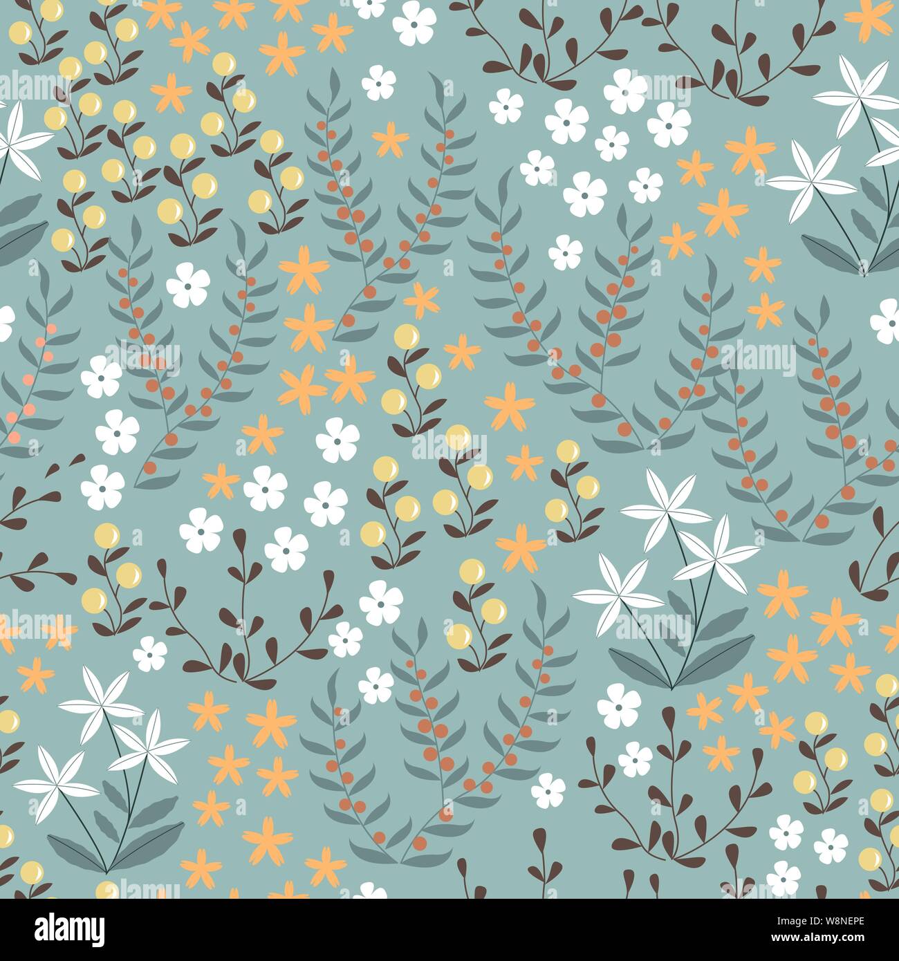 Die nahtlose Vektor florale Muster mit abstrakten Flachbild doodle Elemente wie Pflanzen, Blumen, Beeren und Gras. Wald Natur Hintergrund Stock Vektor