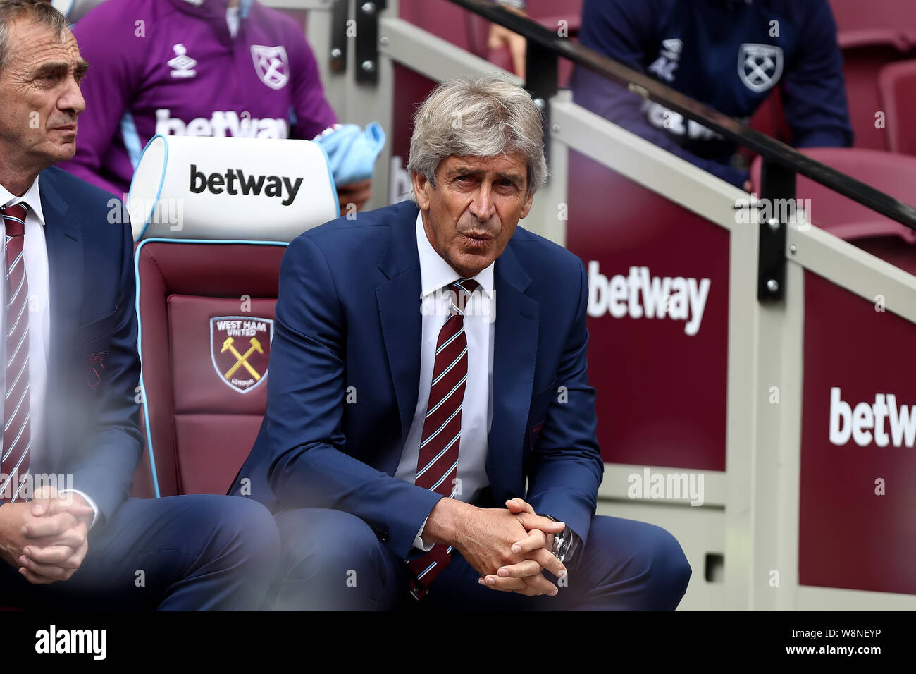 London, Großbritannien. 10 August, 2019. London, Großbritannien. 10 Aug, 2019. Fußball der englischen Premier League, West Ham United gegen Manchester City; West Ham United Manager Manuel Pellegrini - Streng redaktionelle Verwendung. Keine Verwendung mit nicht autorisierten Audio-, Video-, Daten-, Spielpläne, Verein/liga Logos oder "live" Dienstleistungen. On-line-in-Match mit 120 Bildern beschränkt, kein Video-Emulation. Credit: Aktion Plus Sport Bilder/Alamy leben Nachrichten Stockfoto