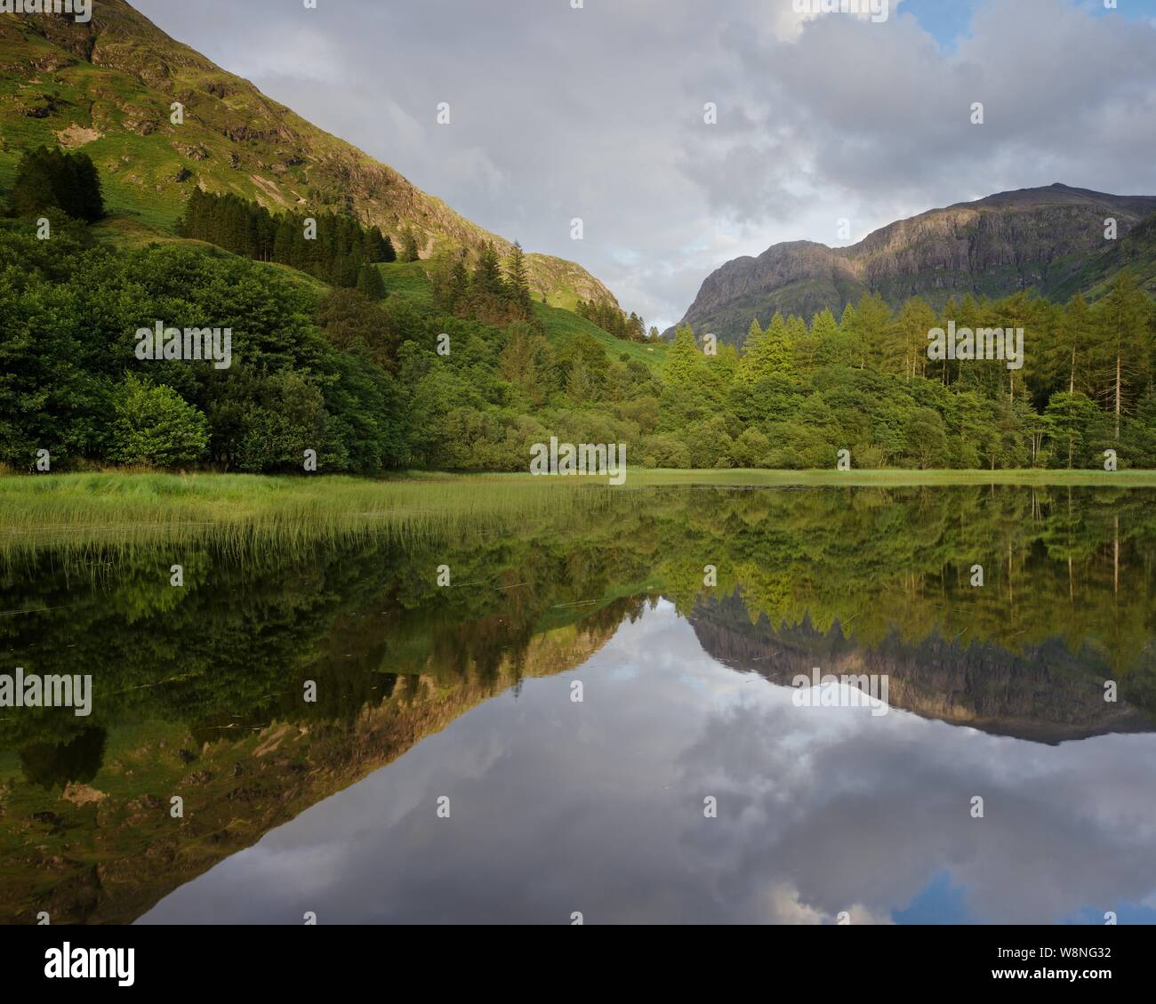 Abend Reflexionen auf dem Torren Lochan. Am späten Abend Sommer Sonnenlicht trifft auf die Berge von Glencoe und schöne Wälder Stockfoto