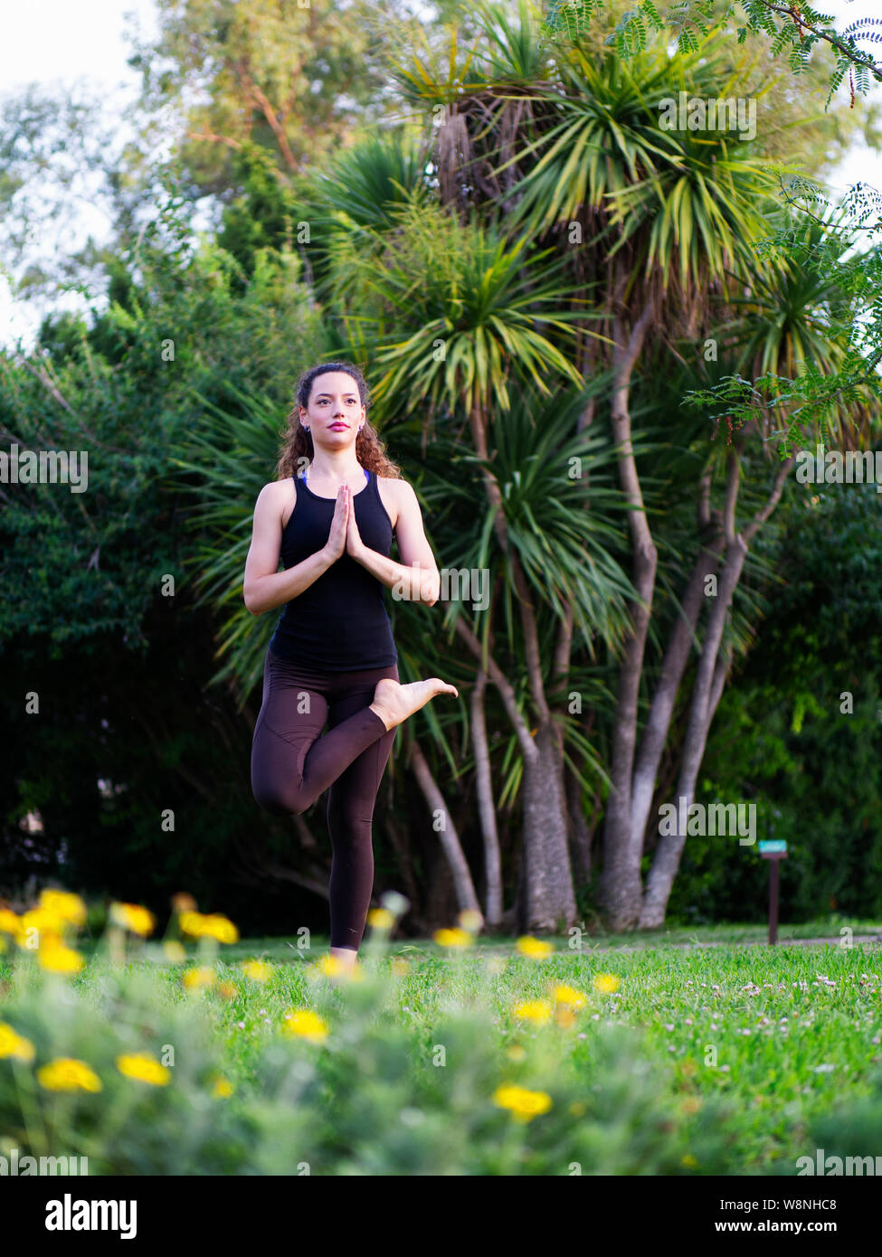 Schöne junge Frau Yoga in der Natur Stockfoto