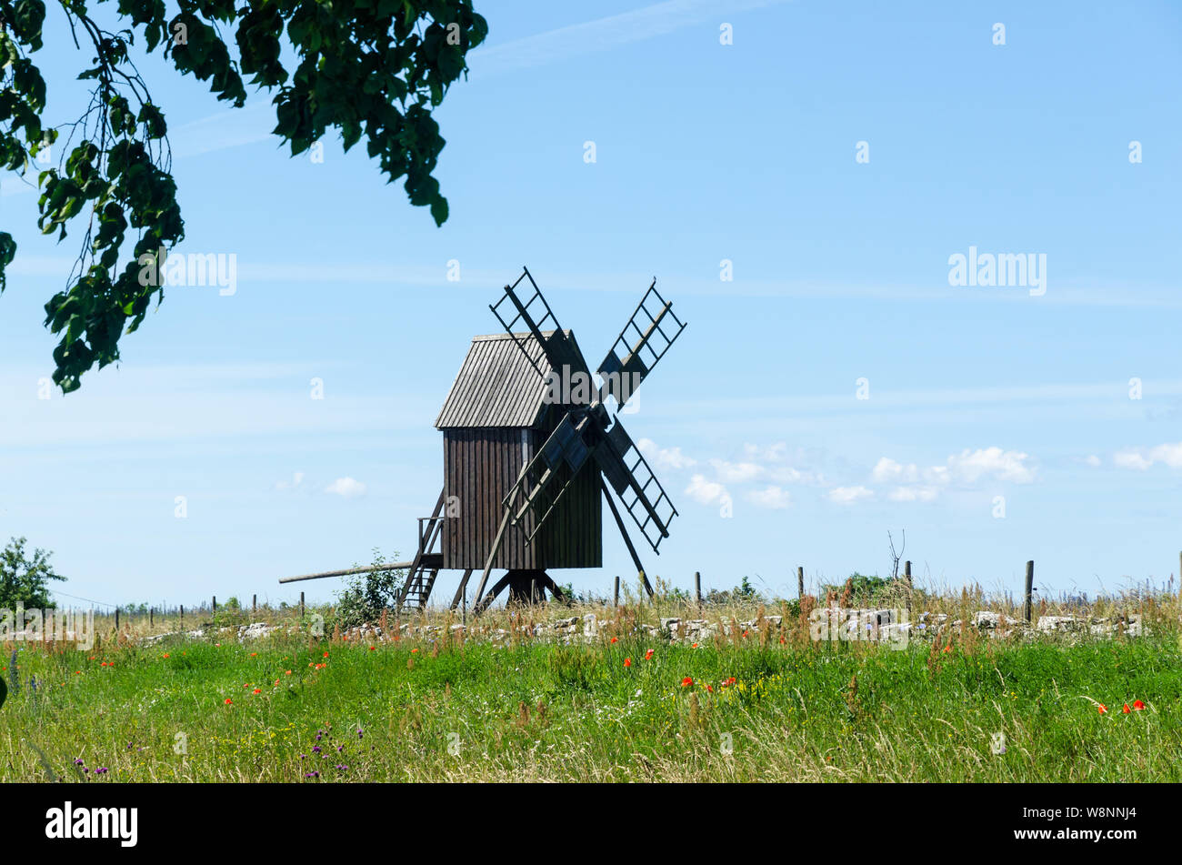 Alte Windmühle aus Holz, das Symbol der Insel Oland, die Insel von Sonne und Wind in Schweden Stockfoto