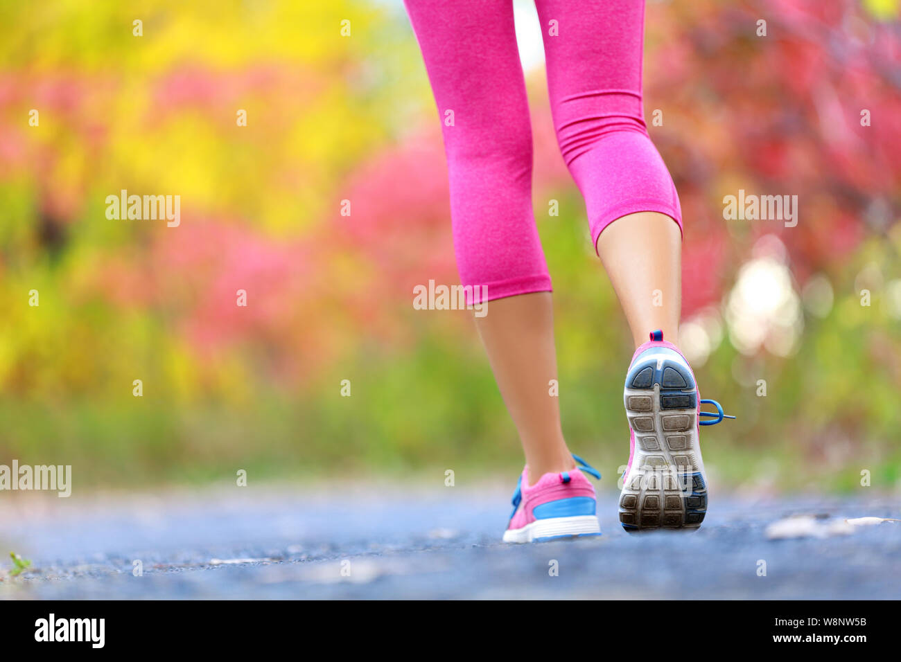 Joggen und laufen Frau mit athletische Beine auf Tippen oder Auf der Spur in Wald im gesunden Lebensstil Konzept laufen mit Nahaufnahme auf die Laufschuhe. Weibliche Sportler joggen und Training im Freien im Herbst fallen. Stockfoto