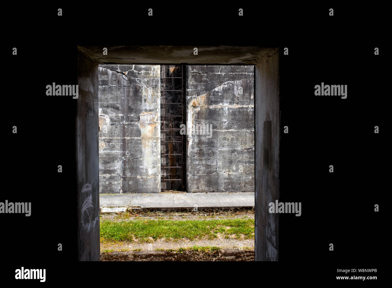 WA 17265-00 ... WASHINGTON - Tür und Leiter am Fort Warden State Park in der Nähe von Port Townsend. Stockfoto