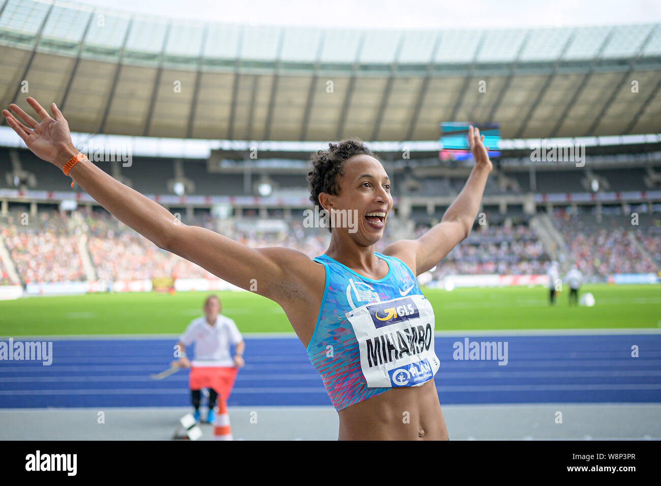 Jubel Sieger Malaika MIHAMBO (LG Kurpfalz) Platz 1, Finale lange Frauen springen, auf 04.08.2019 Deutsche Leichtathletik Meisterschaften 2019, vom 03.08. - 04.08.2019 in Berlin/Deutschland. | Verwendung weltweit Stockfoto