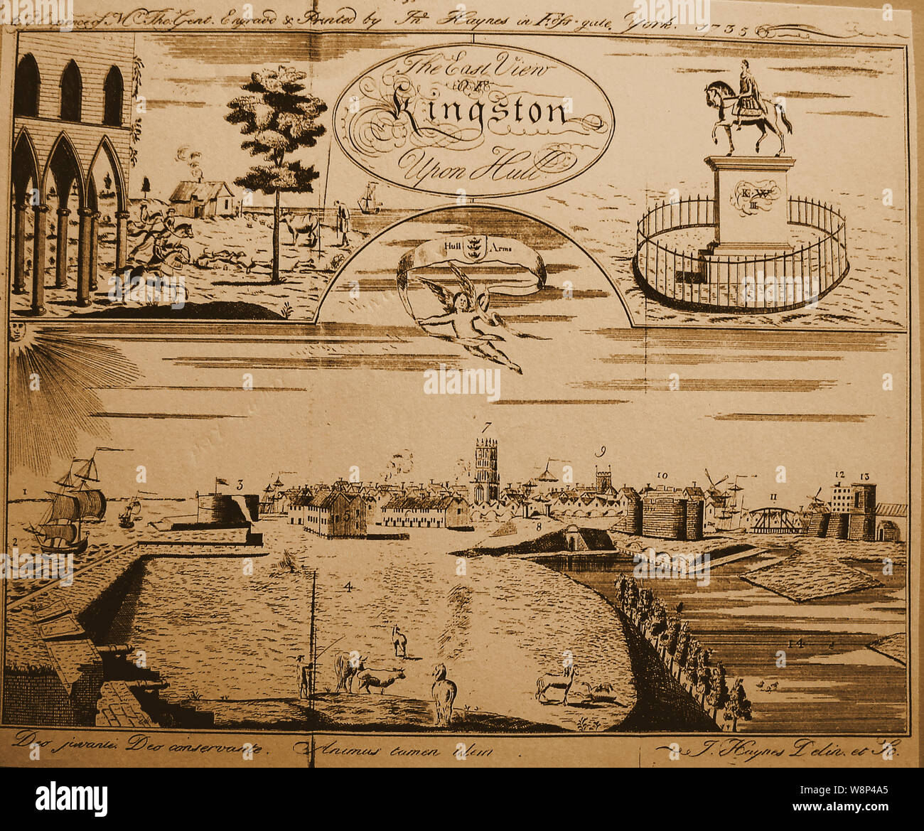 Stadt von Kingston upon Hull im Volksmund einfach Hull, England - Historischer Stich zeigt eine Ansicht von Osten und der Stadt von den Docks/Hafen im Jahre 1735, eine Statue von König William III. und der Rumpf Arme bekannt Stockfoto