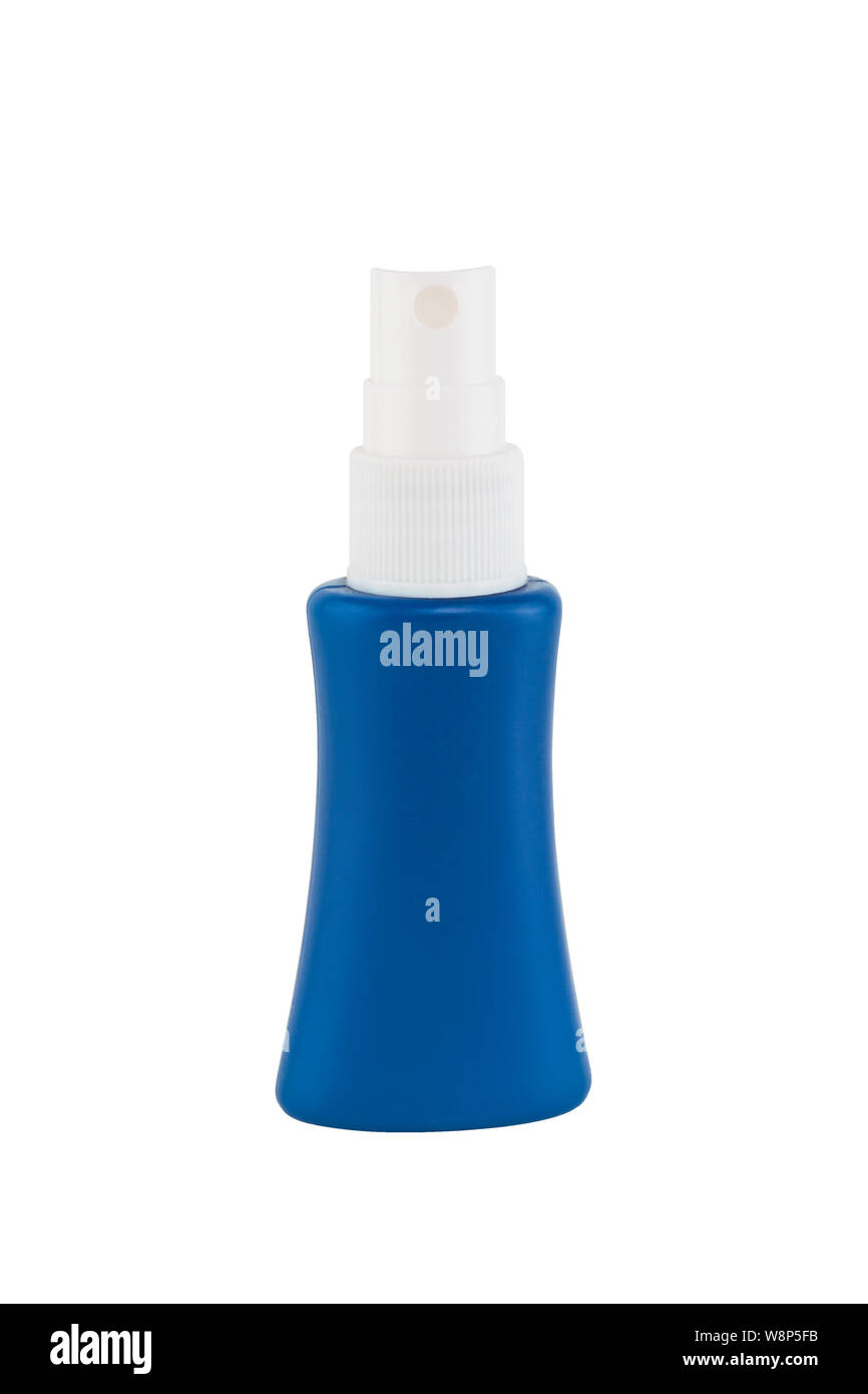 Blaue Behälter mit Sprühflasche auf weißem Hintergrund Stockfoto