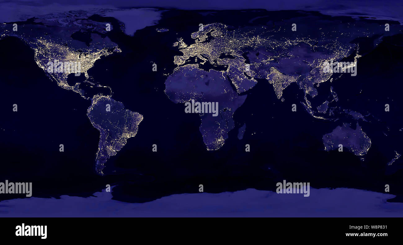 Erde Nacht Blick aus dem Weltraum Karte mit City lights satellitengestützten Beobachtungen. "Elemente dieses Bild von der NASA Lichtverschmutzung Karte eingerichtet Stockfoto