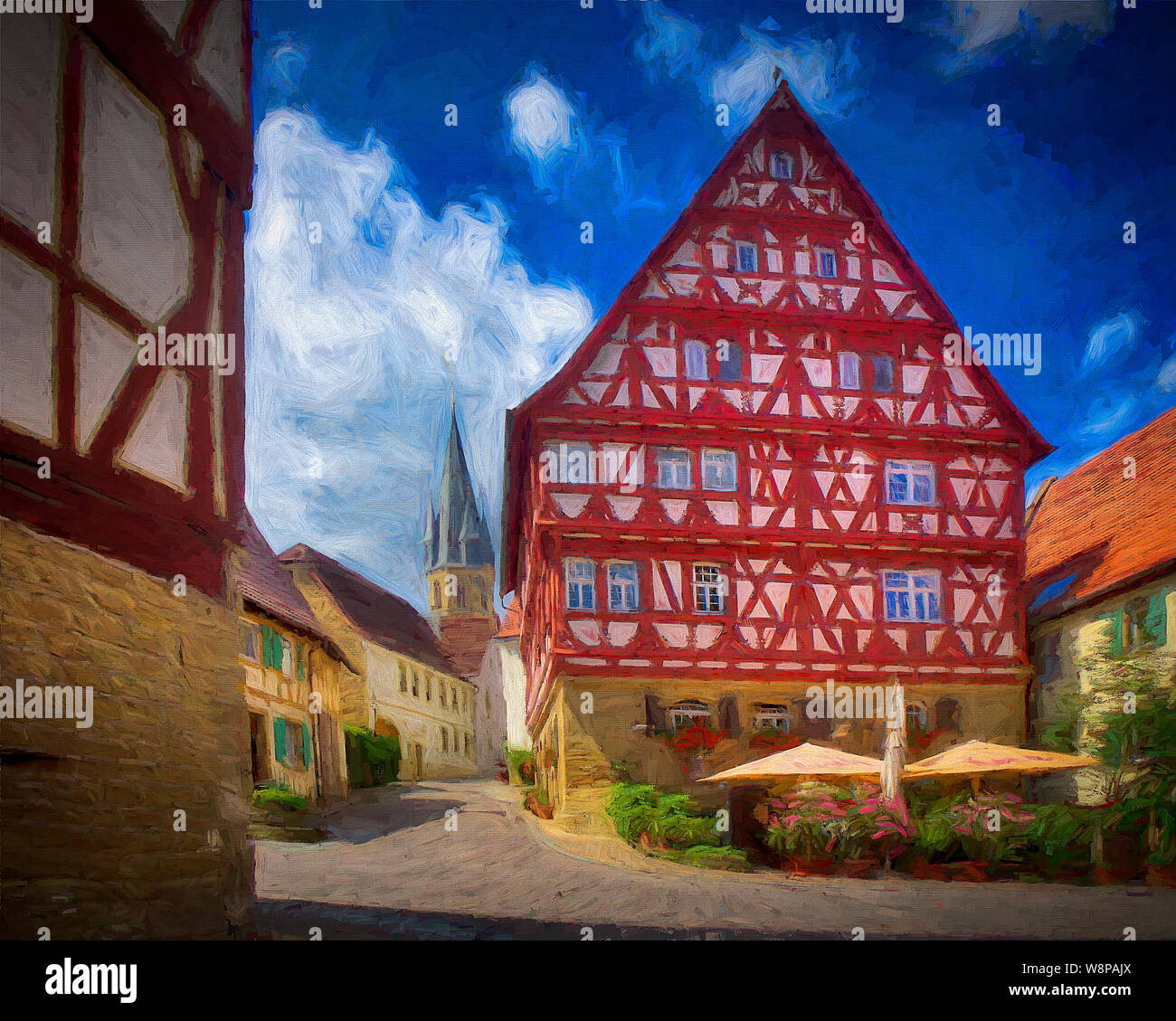 Bildende Kunst: "Der Baumann ches Haus' (Altstadthotel 'Wilde Rose") in der historischen Altstadt von Eppingen in der Nähe von Heilbronn, Baden-Wuerttemberg, Deutschland. Stockfoto