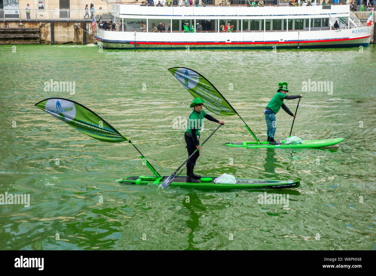 Stand Up Paddle Boarder auf dem Chicago River gefärbt grün für St. Patrick's Day. Stockfoto