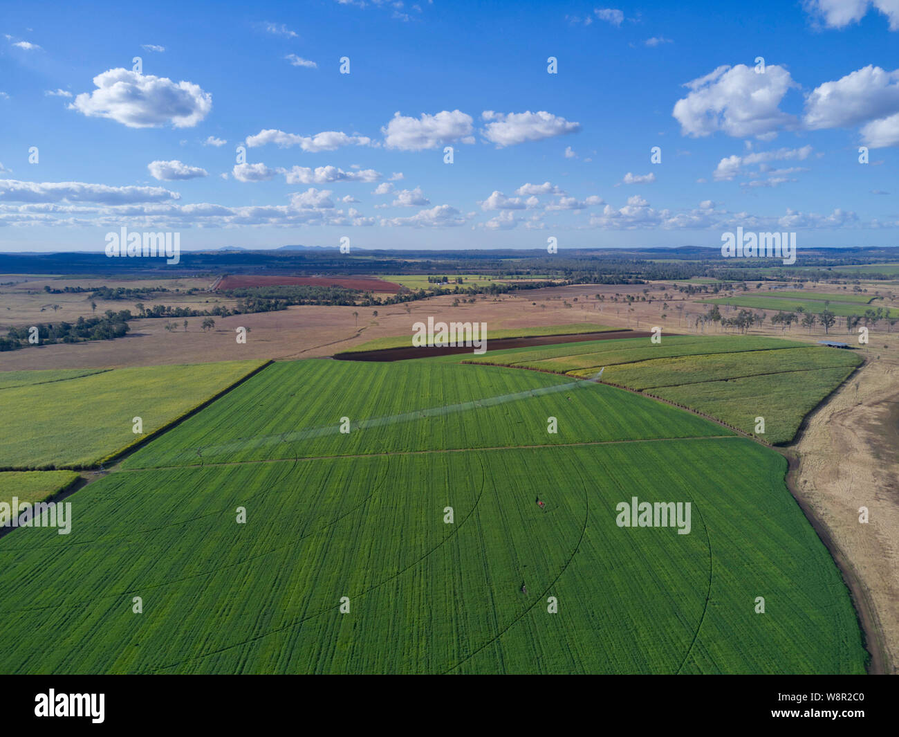 Antenne von Luzern Erntegut mit einem Rahmengelenk Bewässerungssystem und in der Nähe Wasser Lagerung mit den umliegenden Dürre gewachsen betroffenen Landschaft im Cont. Stockfoto