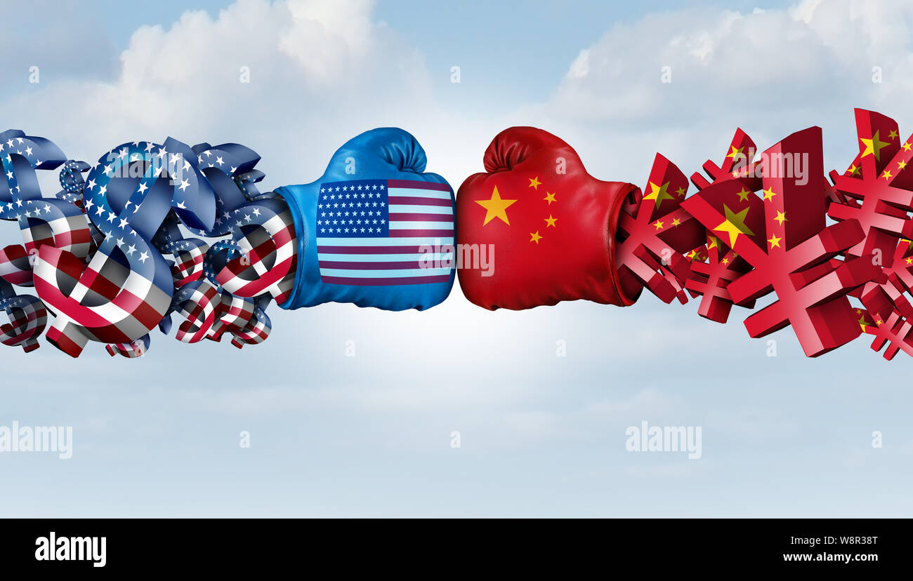 China Yuan und Amerikanischen Dollar kämpfen, wie United States chinesische Währung Streit und Krieg als ein wirtschaftlicher Kampf Konzept als 3D-Darstellung. Stockfoto